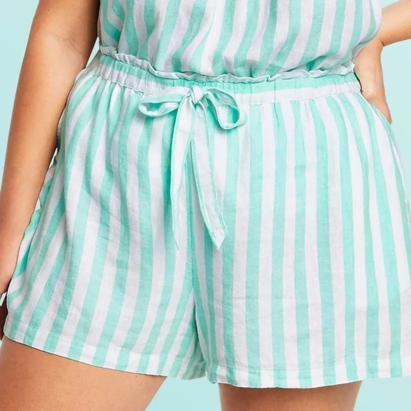 Stoney Clover X Target Plus Size 2X Aqua Striped Shorts Linen Blend Summer White - Picture 1 of 7